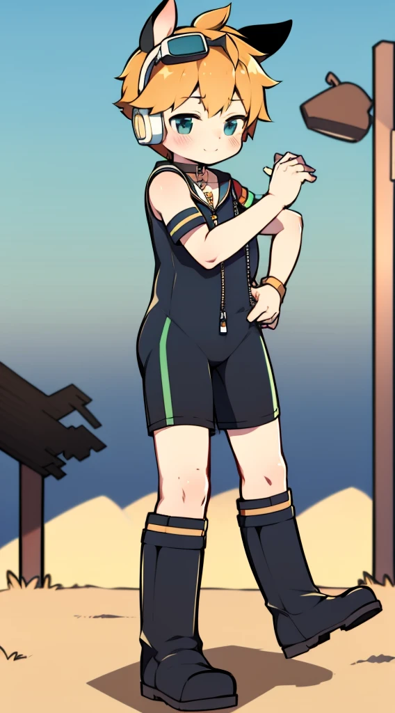 2D Boy Shota,Swimsuit,Slim, healthy body,Put the headphones on your head,stand up,goggles,Rabbit ears,happy,Sailor collar,tie,Zipper pulled down,boots,Charming