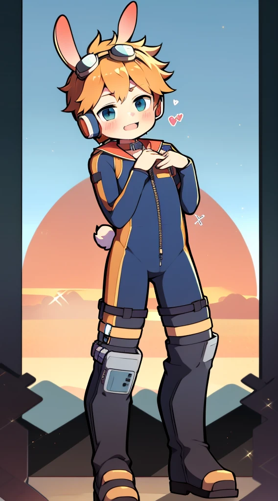 2D Boy Shota，One-piece mountaineering suit，Slim, healthy body，Put the headphones on your head，stand up，goggles，Rabbit ears，happy，Sailor collar，tie，Zipper pulled down，boots，Charming