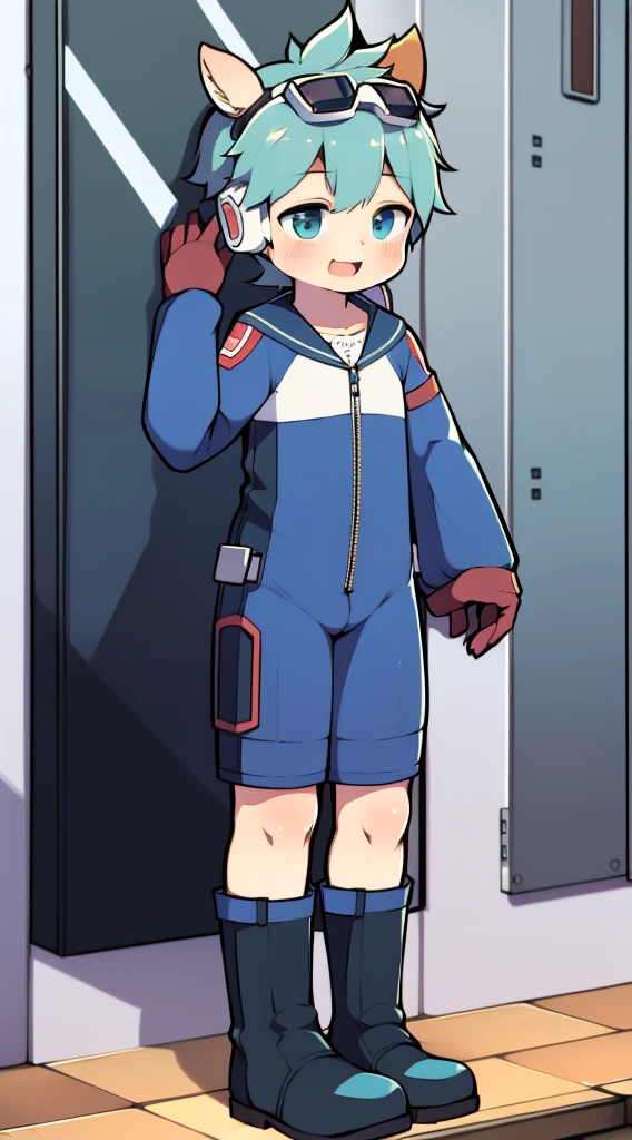2D Boy Shota,One-piece mountaineering suit,Slim, healthy body,Put the headphones on your head,stand up,goggles,Rabbit ears,happy,Sailor collar,tie,Zipper pulled down,boots,Charming