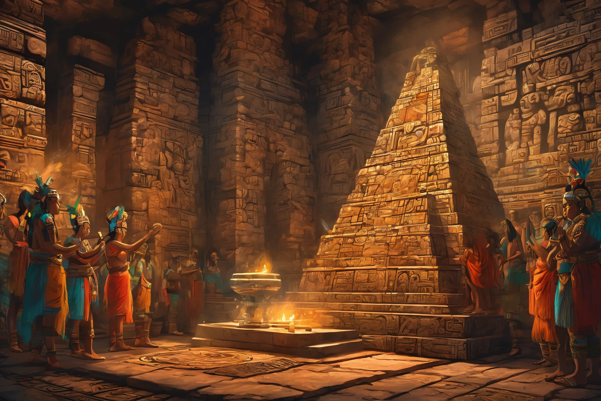 Maya civilization, In vivid detail, envision a close-up scene of a Mayan sacrifice atop the temple-pyramid. The high priest, adorned in intricate ceremonial garb, holds a gleaming obsidian blade as he prepares to perform the ritualistic beheading. The expression on the face of the Mayan local, captured with exquisite detail, is a mix of fear and resignation as they kneel before the altar.
The scene is bathed in the warm glow of torchlight, casting flickering shadows across the stone temple walls. Blood stains the stone platform beneath the sacrificial altar, evidence of previous rituals. The air is heavy with the scent of copal incense, used to purify the space and invoke the favor of the gods.
Every aspect of the scene is rendered with meticulous attention to detail, from the ornate carvings adorning the temple walls to the intricate patterns woven into the priest's ceremonial attire. The high resolution of the artwork allows for a truly immersive experience, drawing the viewer into the heart of this ancient and solemn ceremony, cinematic lighting, Ultra-Wide Angle, panorama, UHD, retina, masterpiece, super detail, award winning, best quality, 4K, ultra photo realistic, ultra photorealism, digital print