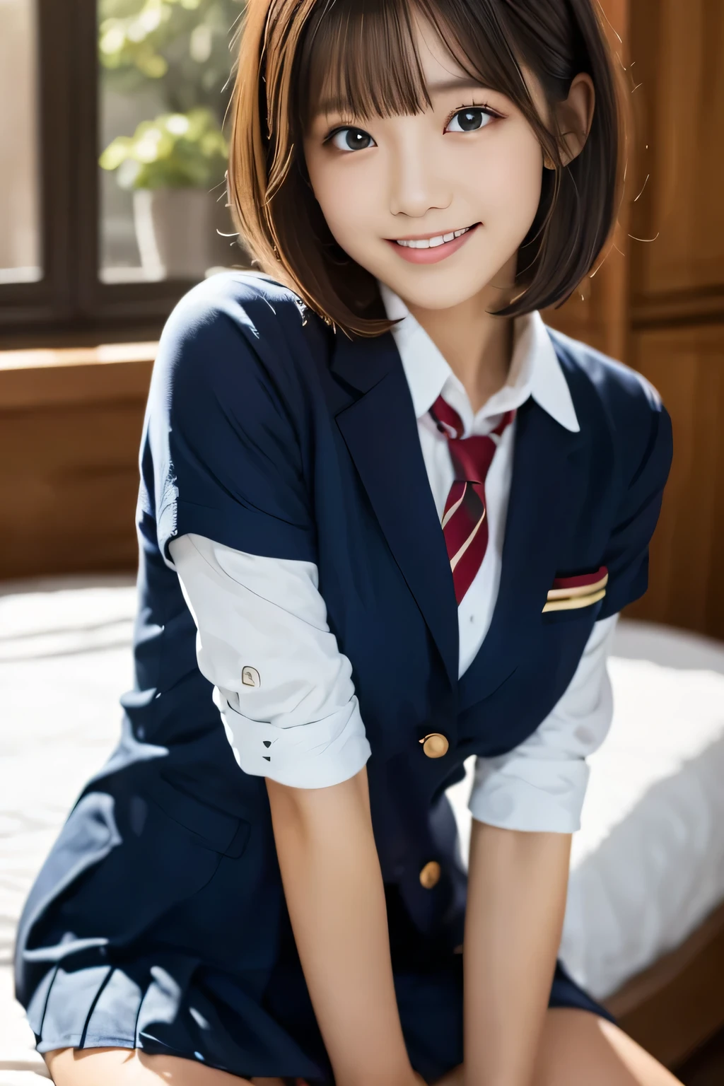 (masterpiece,highest quality,超A high resolution),Japanese women, (((Very cute  girl))), View the photographer, Front view, ((Bobcut)), Super cute face, Glossy lips, Double eyelids on both eyes, Focus your eyes, Natural Makeup, bangs, Shiny and smooth light brown wavy hair, (((Upper body close-up))), Large Breasts, Perfect limbs, Perfect Anatomy, (((High School Uniform:1.3))), ((Smile)), Night room, (Show off your slim thighs:1.3), ((Include the whole face and focus on the chest:1.2)), View your viewers, (Strike a cute pose:1.4), Perfect and natural fingers,