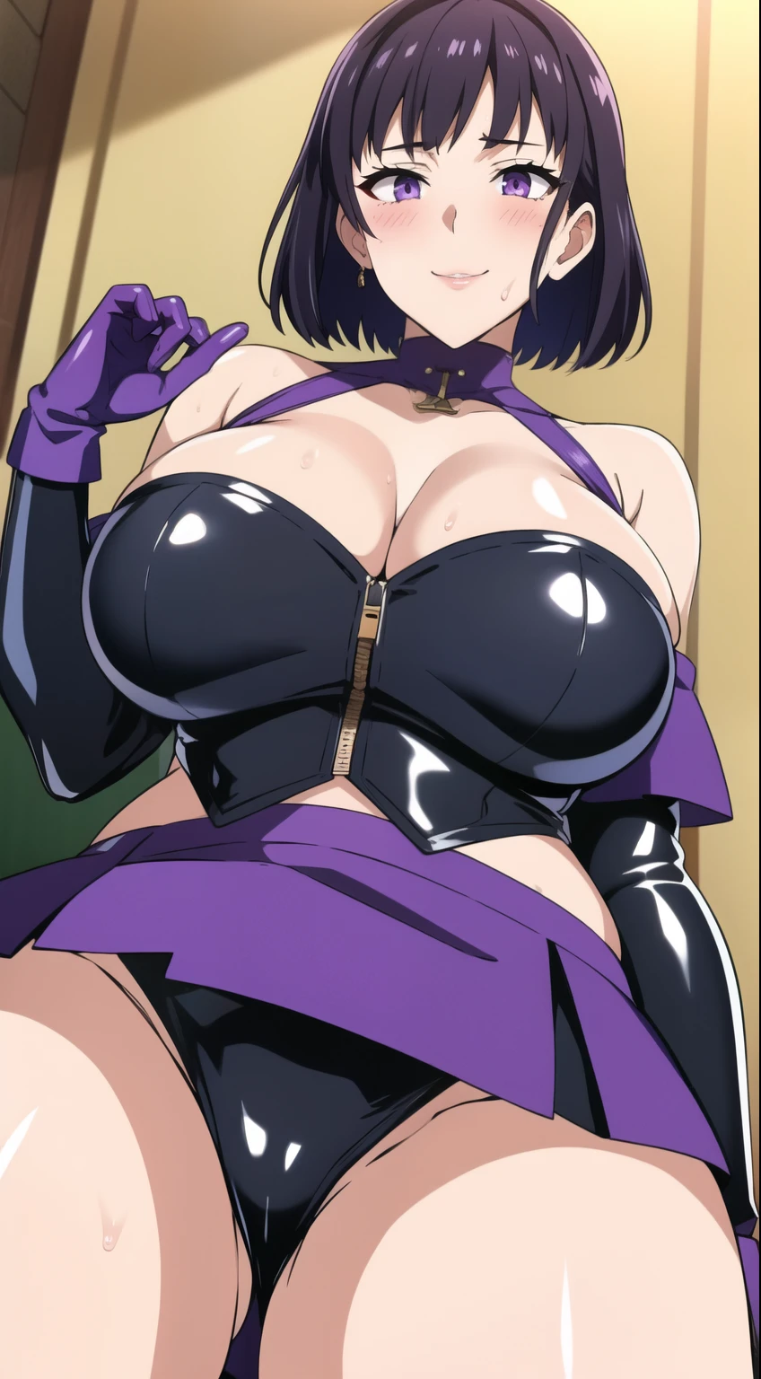 masterpiece, 1 girl, alone, Shortcuts, , honest "Queen" Niijima (honest Niijima) -person、Looking at the audience, Big Breasts, Mature Woman, blush, smile, Black Hair、Lilac eyes, Pink Bed, Mature Woman,Black latex gloves,Purple off-the-shoulder latex suit,Purple Skirt,Purple off-the-shoulder latex,Purple latex skirt,Latex shirt,Purple latex off-shoulder shirt,Armpit sweat, pose standing thigh sex,Big thighs, From Below pov, pov panties,pov facesitting