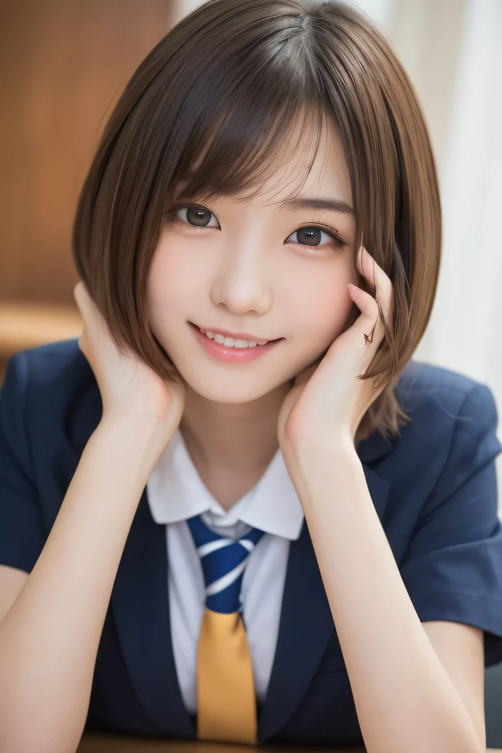(masterpiece,highest quality,超A high resolution),Japanese women, (((Very cute 16 year old girl))), View the photographer, Front view, ((Bobcut)), Super cute face, Glossy lips, Double eyelids on both eyes, Focus your eyes, Natural Makeup, bangs, Shiny and smooth light brown wavy hair, (((Upper body close-up))), Large Breasts, Perfect limbs, Perfect Anatomy, (((High School Uniform:1.3))), ((Smile)), Night room, (Show off your slim thighs:1.3), ((Include the whole face and focus on the chest:1.2)), View your viewers, (Strike a cute pose:1.4), Perfect and natural fingers,