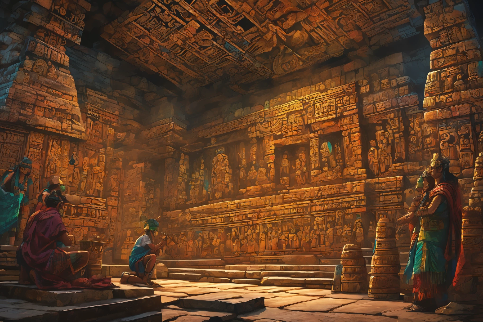 Maya civilization, In vivid detail, envision a close-up scene of a Mayan sacrifice atop the temple-pyramid. The high priest, adorned in intricate ceremonial garb, holds a gleaming obsidian blade as he prepares to perform the ritualistic beheading. The expression on the face of the Mayan local, captured with exquisite detail, is a mix of fear and resignation as they kneel before the altar.

The scene is bathed in the warm glow of torchlight, casting flickering shadows across the stone temple walls. Blood stains the stone platform beneath the sacrificial altar, evidence of previous rituals. The air is heavy with the scent of copal incense, used to purify the space and invoke the favor of the gods.

Every aspect of the scene is rendered with meticulous attention to detail, from the ornate carvings adorning the temple walls to the intricate patterns woven into the priest's ceremonial attire. The high resolution of the artwork allows for a truly immersive experience, drawing the viewer into the heart of this ancient and solemn ceremony, cinematic lighting, Ultra-Wide Angle, panorama, UHD, retina, masterpiece, super detail, award winning, best quality, 4K, ultra photo realistic, ultra photorealism, digital print