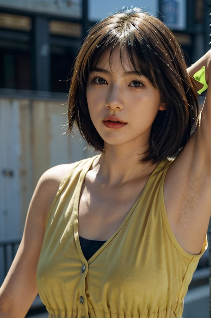 （Hyper Real）， （illustratio）， （A high resolution）， （8K）， （The is very detailed）， （Most Best Illustration）， （beatiful detailed eyes）， （best qualtiy）， （ultra - detailed）， （tmasterpiece）， （the wallpaper）， （Detailed face）， Sagging eyes， perspired， up of the upper body， Armpits， short detailed hair， inner colored， solo， Simple sports vest girl，full bodyesbian， jpn， huge ， （Camel toes）