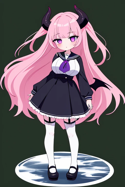 1 girl,green background, full body,stand up straight,chibi,low two hands,,long hair, So that the whole body is reflected,pink hair,18years old, purple eyes, big breasts, devil wings, devil horns, devil tail,white sailor suit,white long sleeves,black short skirt, black long socks,sideways,longhair,succubus,student,black garter belt,side ways,.masterpiece,low two hands