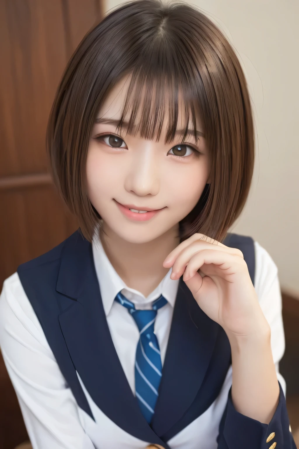 (masterpiece,highest quality,超A high resolution),Japanese women, (((Very cute 16 year old girl))), View the photographer, Front view, ((Bobcut)), Super cute face, Glossy lips, Double eyelids on both eyes, Focus your eyes, Natural Makeup, bangs, Shiny and smooth light brown wavy hair, (((Upper body close-up))), Large Breasts, Perfect limbs, Perfect Anatomy, (((High School Uniform:1.3))), ((Smile)), Night room, (Show off your slim thighs:1.3), ((Include the whole face and focus on the chest:1.2)), View your viewers, (Strike a cute pose:1.4), Perfect and natural fingers,