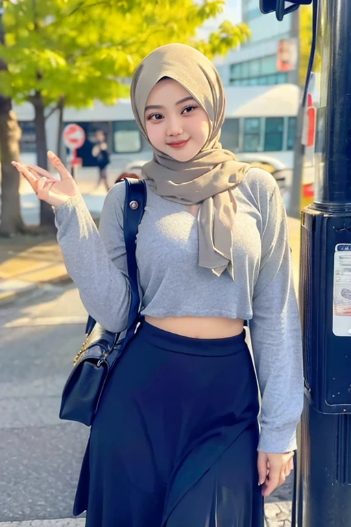 Malay girl wearing a hijab wearing a contemporary polite hijab style, patterned, at college, wearing a backpack, polite, elegant appearance, pose facing the audience, detailed face, detailed skin texture, mole under the eye, breasts are covered, big hips, big waist , big thighs, slim belly, beautiful body, cheerful smile, happy, students in the background, TOKYO city at the Bus Stop , Standing Back to the Bus, in the Morning sunny, bokeh,