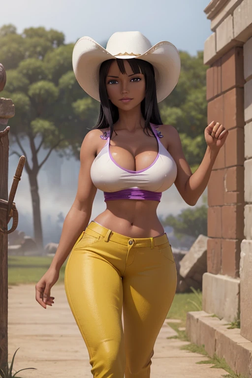 (masterpiece), best quality, expressive eyes, perfect face, Nico Robin in Ancient Ruins, (Fog background), (walking), (smirk), (closeup view), (1girl, Nico Robin face, dark skin, tanned skin, tan, black hair, bangs haistyle, brown eyes, hourglass figure, skinny body, large breasts, huge breasts, oppai, wide hips, thick thighs, (yellow), yellow top, sleeveless, spaghetti straps, purple pants, white cowboy hat, tribal armband, heels), 