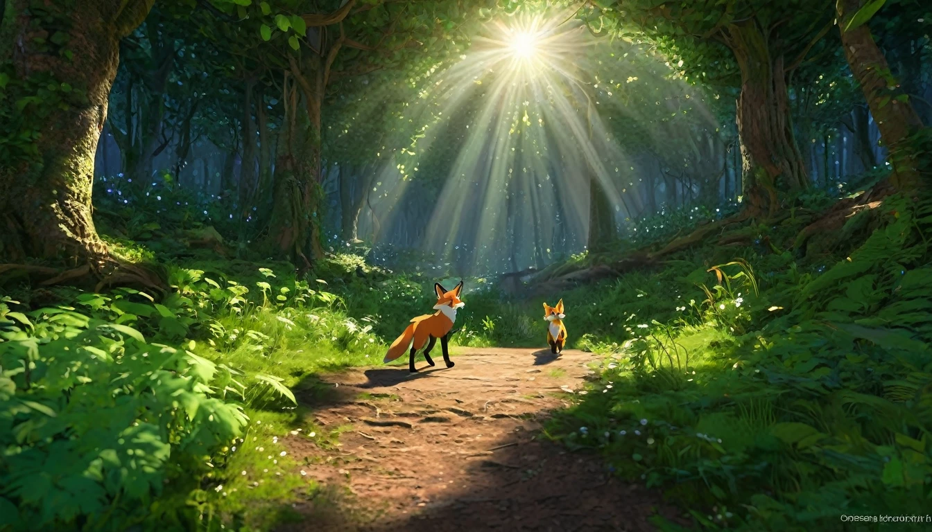 Opening Scene - Enchanted Forest of Eldoria:
AI Prompt: "Create an enchanting scene depicting the lush greenery of the Eldoria forest with the sun setting in the background. Include Luna, the curious young fox, and Leo, the brave little rabbit, walking side by side with excited expressions."
