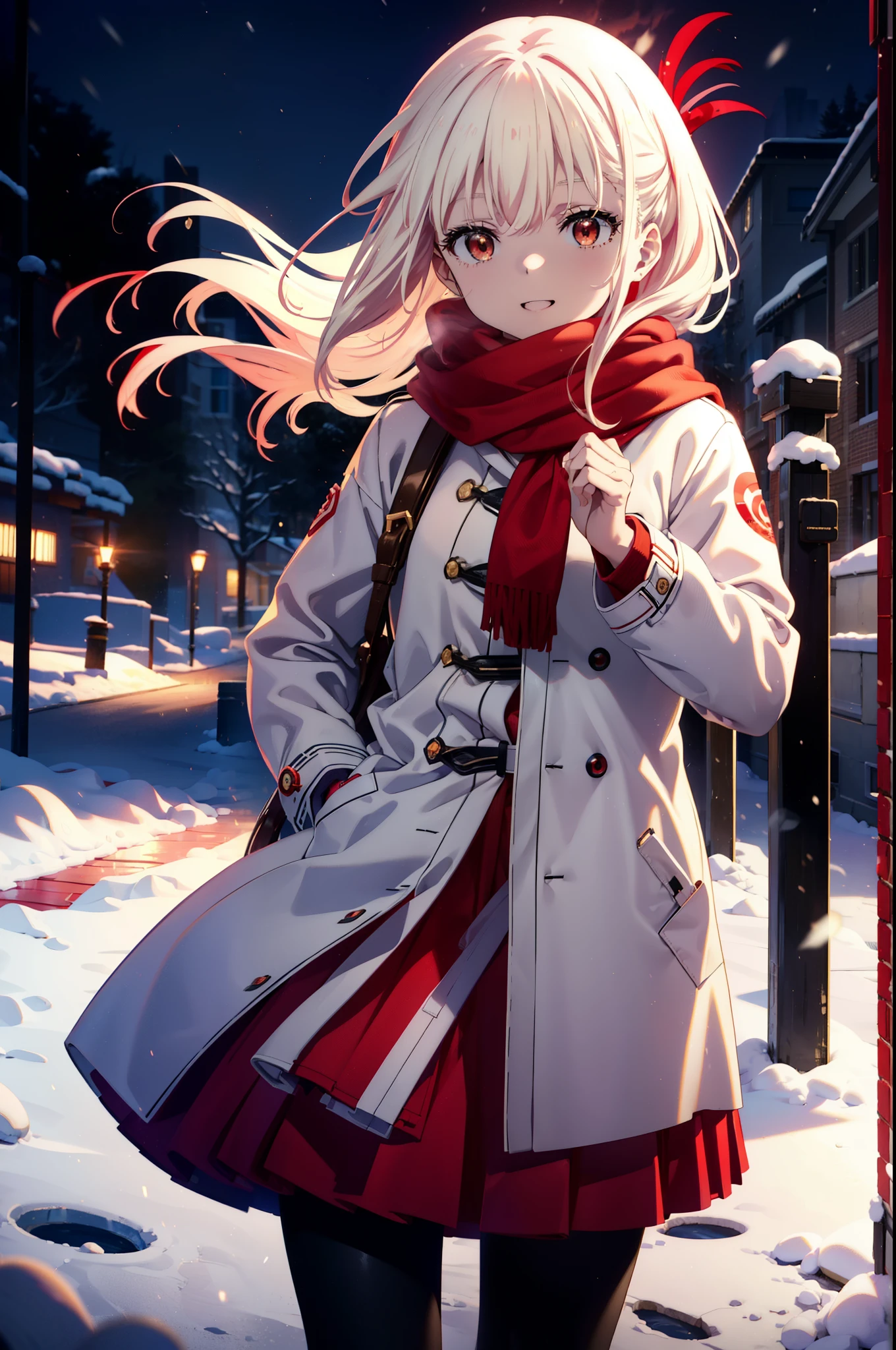 chisatonishikigi, nishikigi chisato,Long Hair , bangs, blonde, (Red eyes:1.5),happy smile, smile, Open your mouth,White knit hat,White Coat,Red Scarf,White Sweater,Hands in coat pockets,Long skirt,Black pantyhose,short boots,Shirogane World,Snow is piling up,that'it's snowing,that'it's snowing,winter,Cold Sky,moonlight,full moon,night,
break looking at viewer, whole body, Upper Body,(Cowboy Shot:1. 5)
break outdoors, cthaty,Building Street,
break (masterpiece:1.2), highest qualthaty, High resolution, unthaty 8k wallpaper, (shape:0.8), (Beautiful and beautiful eyes:1.6), Highly detailed face, Perfect lighting, Extremely detailed CG, (Perfect hands, Perfect Anatomy),