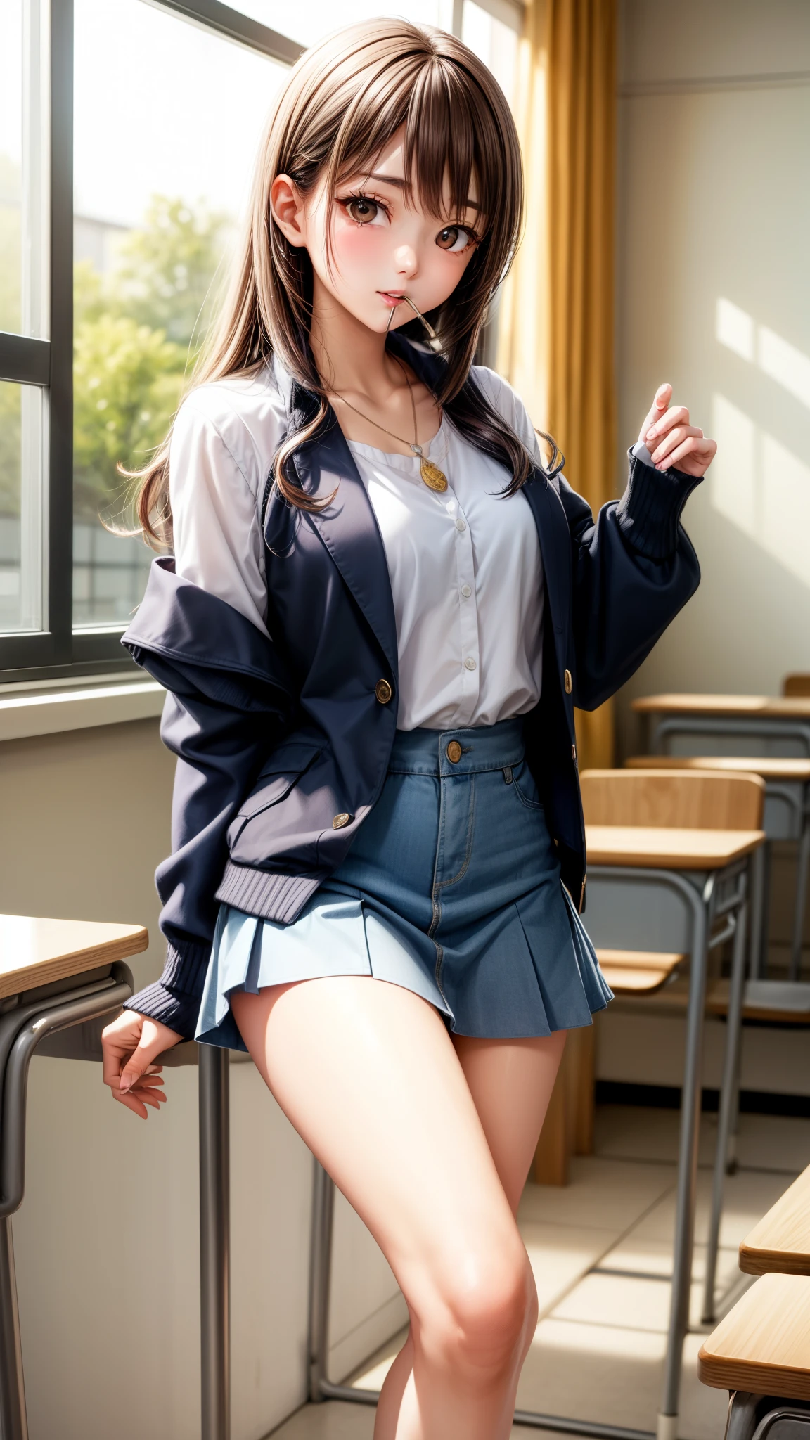 8K quality、High definition male、Gal high school girl、Brown long hair、Brown eyes、Star Necklace、High school classroom at dusk、Japanese school girl uniform、Beautiful legs、Beautiful thighs、Dignified face、Small breasts、Seduce、slender、Model Body Type、Ripe body、、Rolled up hem、White blouse with open chest、Wearing a navy blue jacket with the sleeves rolled up、Light blue skirt、Lift one leg、Put genitals in mouth