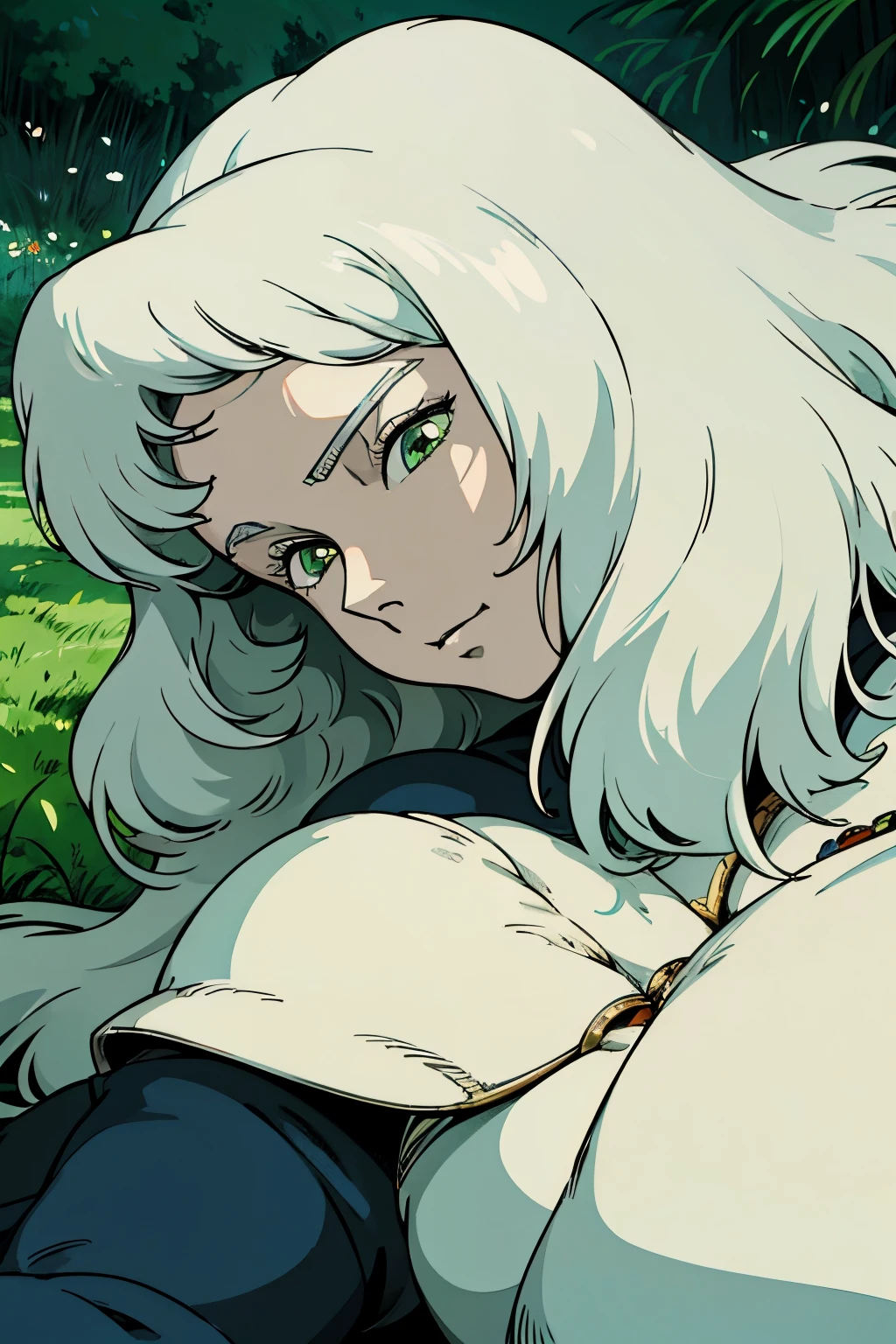 
female solo, knight, pale skin, aqua green eyes, white hair, adult, long curly hair, close up face shot, fields background, side view, sharp eyes, devious expression, lying down