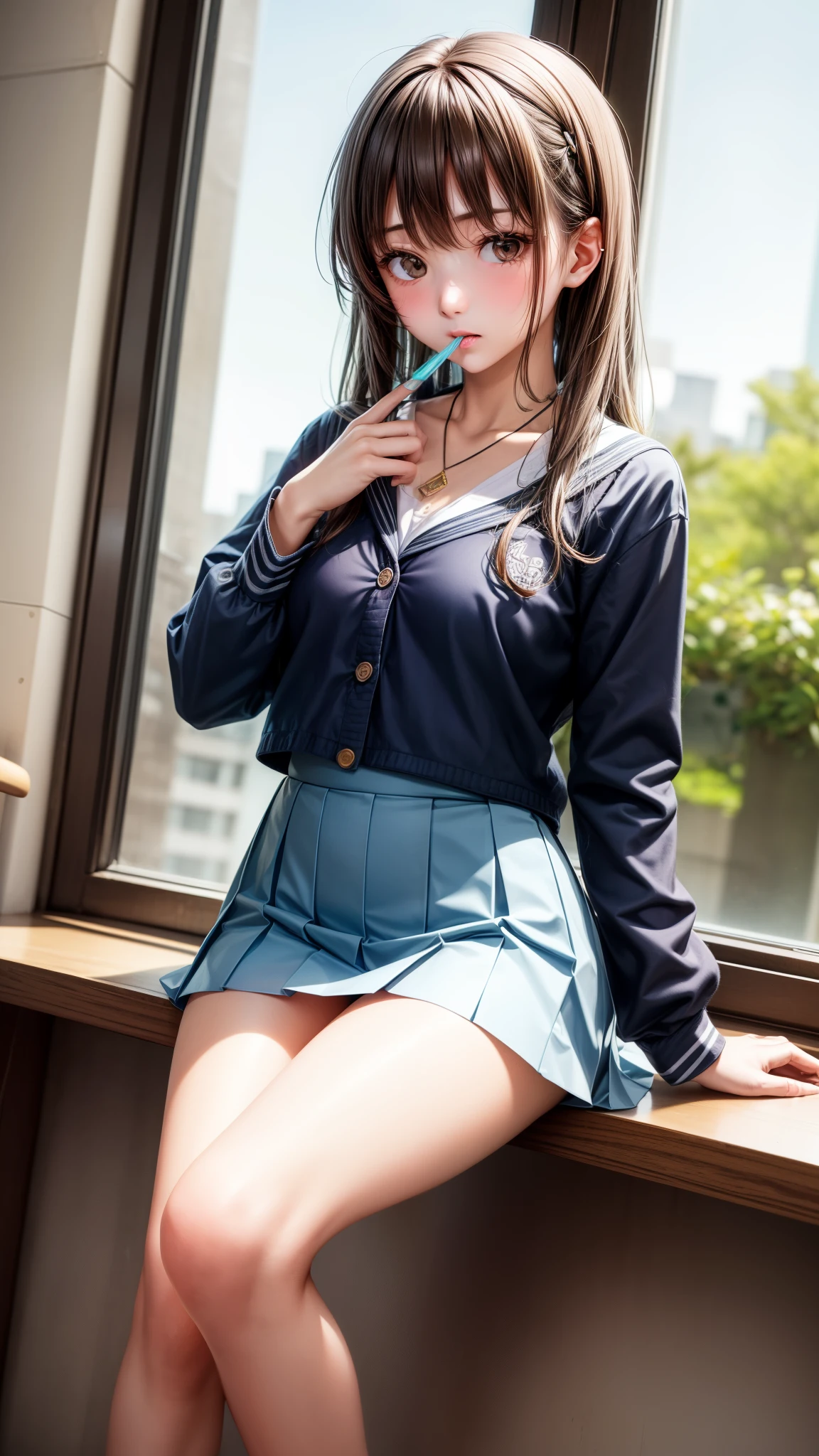 8K quality、High definition male、Gal high school girl、Brown long hair、Brown eyes、Star Necklace、High school classroom at dusk、Japanese school girl uniform、Beautiful legs、Beautiful thighs、Dignified face、Small breasts、Seduce、slender、Model Body Type、Ripe body、、Rolled up hem、White blouse with open chest、Wearing a navy blue jacket with the sleeves rolled up、Light blue skirt、Lift one leg、Put genitals in mouth
