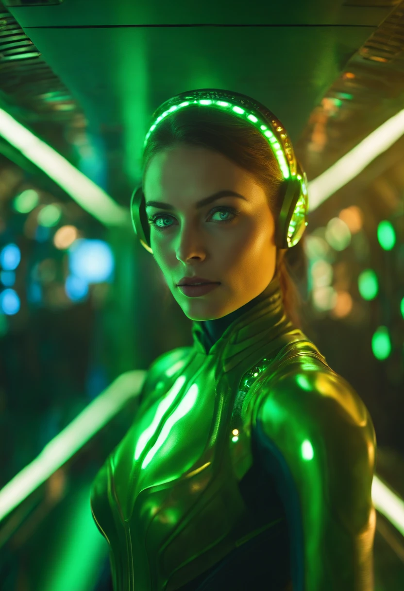 tall girl from outer space, luminous aura, interior of an alien spaceship in detail, expressive look, green eyes, close-up, cinematic lighting, bright colors, particles of light, art wallpaper, UHD wallpaper