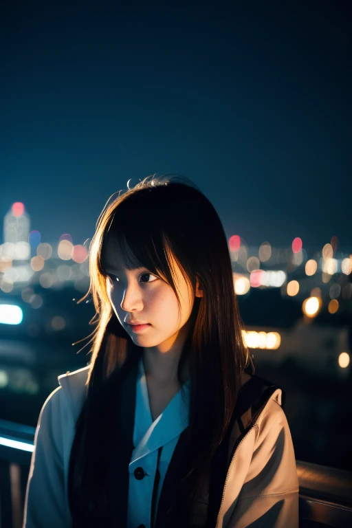 17 years old japanese school girl、With the neon lights of the night city as a background、A situation where you&#39;re going to break up after playing、A happy smile and an idol-like face、semi-long、Smiling with teeth showing、Tabletop, highest quality, 8k, Teen, alone,Violet, Gardenias, Delicate girl, Upper Body, Digital SLR, View your viewers, Frank, Sophisticated, Zola々right, Thin arms, Professional Lighting, Film Grain, chromatic aberration, (Eyes and facial details:1.0), (Bokeh:1.1) , , Sailor suit , 
