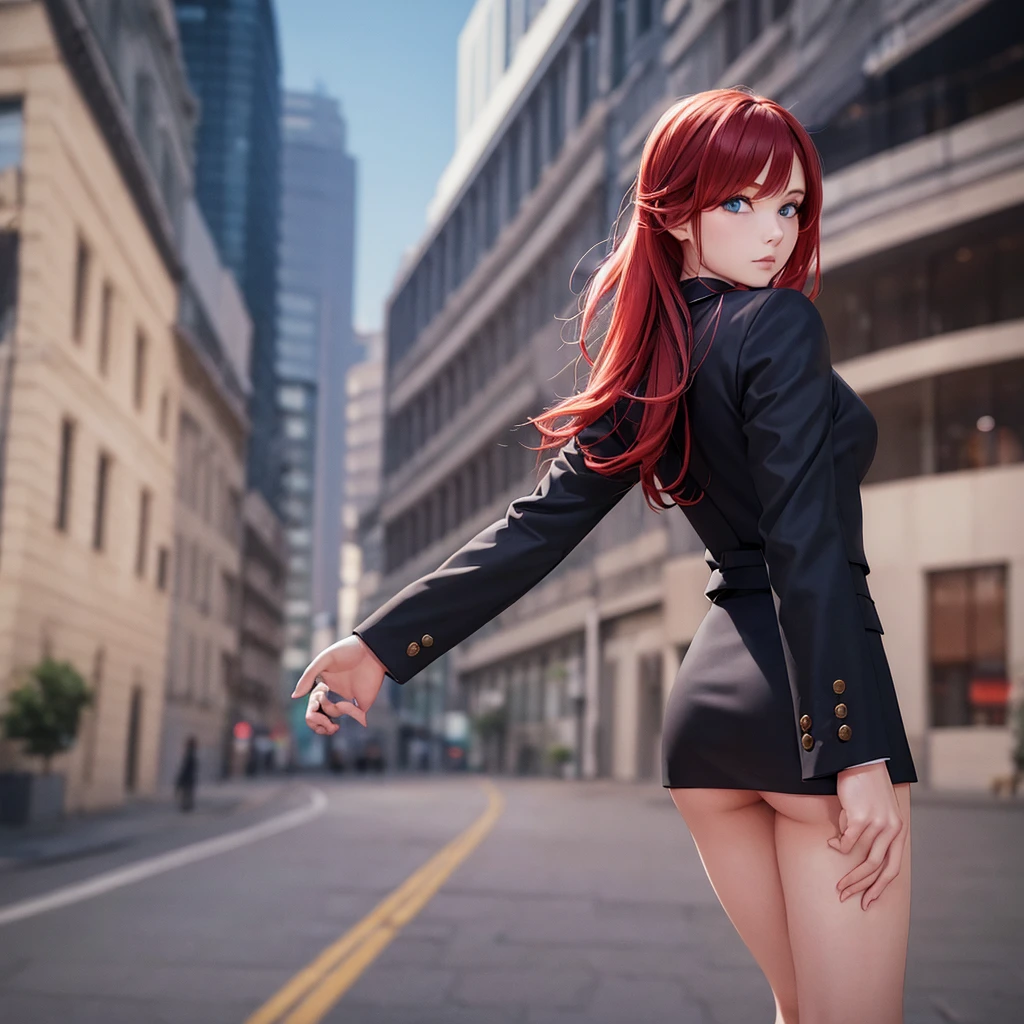 1girl, red hair, light blue eyes, wearing all black suit, city, absurdres, high res, ultrasharp, 8K, masterpiece, looking from behind