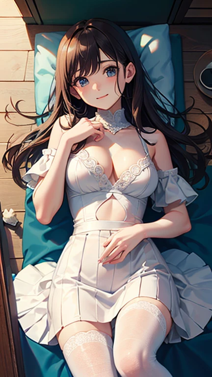 masterpiece, highest quality, One girl, View your viewers, Small waist, RAWphotograph,Hands intricately、Beautiful fingertips、 Ultra-realistic, High resolution, photograph, Sharp focus, Most detailed, Very detailed, Super detailed, In detail, Very detailed目と顔,Very detailed手と指、Idol、Thighs, beautiful girl,View your viewers, Small waist,Symmetrical face, whole body、White lace skin tight dress、No sleeve、White lace tight skirt、White lace knee socks、Cleavage、Large Breasts、Beautiful clavicle、Long Hair、Open Thighs、Beautiful navel、Beautiful Cleavage、The bouncing breasts、Lying on your back、grass、Shyness、Happy expression