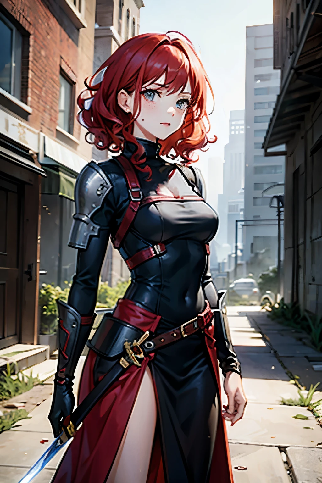 young woman, curly red hair, freckles, tom boy, male clothing, short sword, standing in ruins, slightly bloody,dirty,