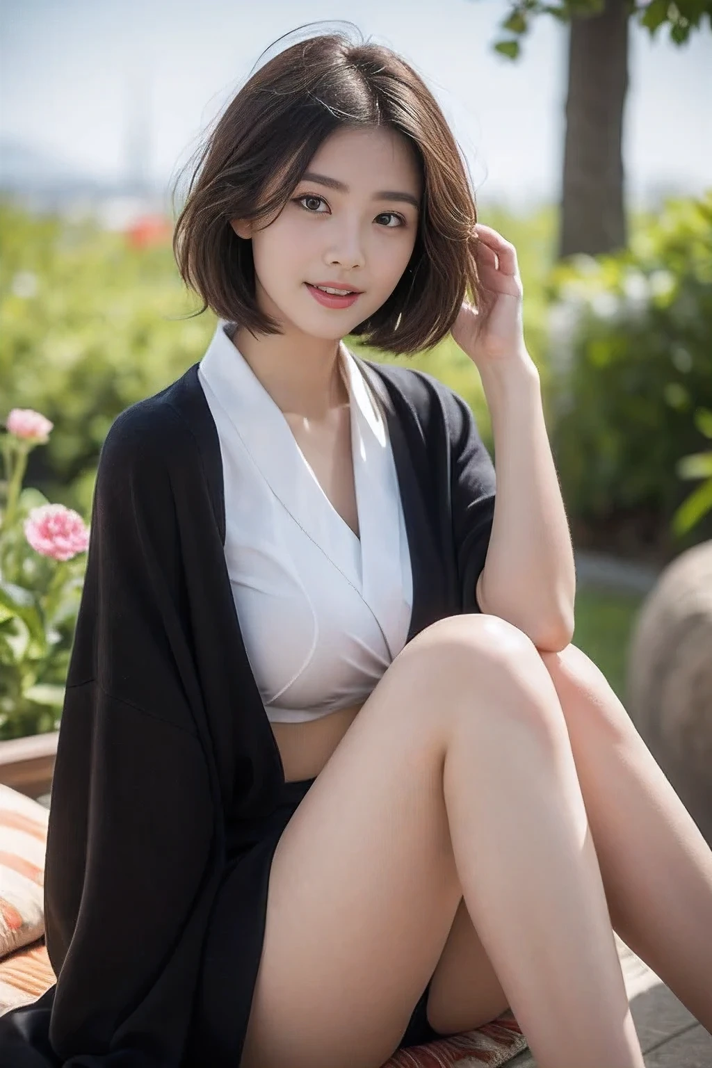 NSFW, 8k RAW photo, top-quality, masterpiece, 超A high resolution, film grains, filmg, 1girl in, looking at the viewers, natural skin textures, realistic eyes and face details, Full lips,, Fluffy short hair, hair messy, A smile, closes mouth, Beautiful legs, Tall lady, skiny, slim_Legs, solo, huge-breasted, The shirt, Beautiful natural places, Around the position of the flower, (Detailed background), short kimono
