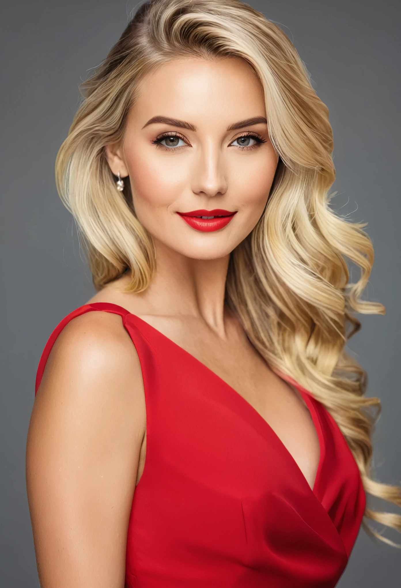 beautiful blonde woman wearing a red dress