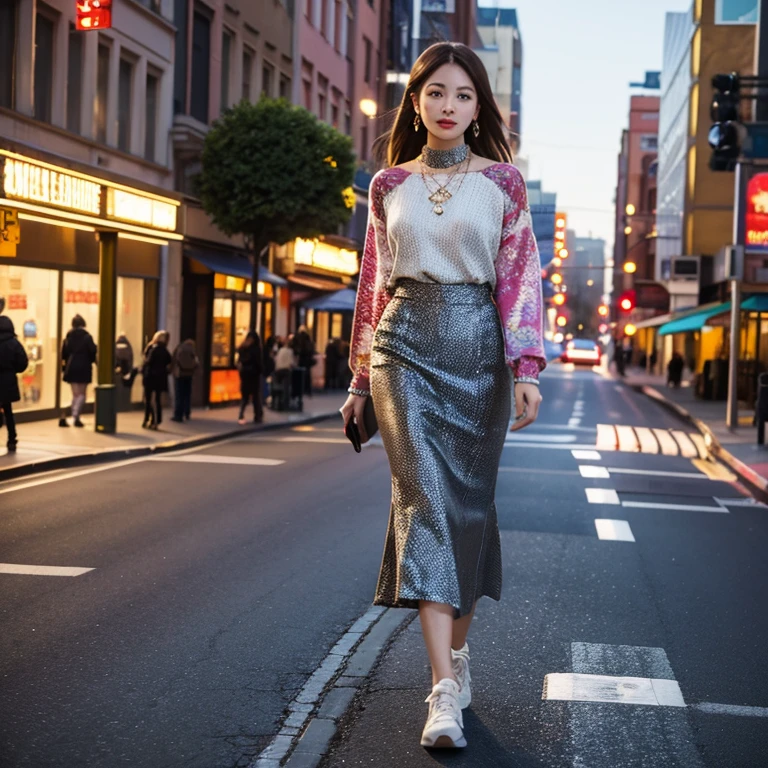 (masterpiece, highest quality, highest quality), ((Vibrant colors and patterns)),(((Perfect body))),Lace turtleneck blouse,Dark Gray Flared Skirt,beautifully,Mysterious:1.2, (One Girl:1.3), Very detailed, Mature Woman,A kind smile, (Mouth closed), (highest qualityのmasterpiece:1.2) Delicate illustrations, Most detailed,Full body portrait, (Street background:1.3), (Shiny skin), (Many colors:1.4), ,(Earrings),((necklace))), sneakers:1.3,Walking,