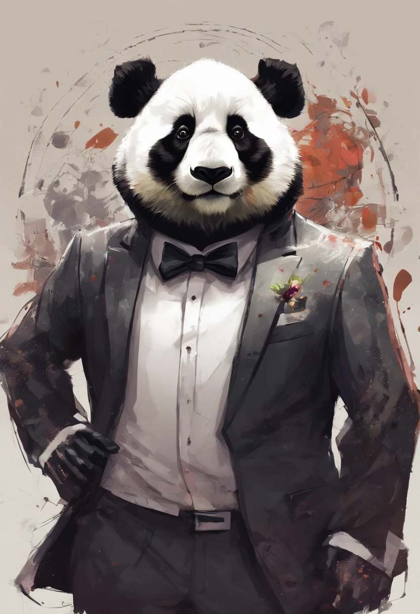 anthropomorphic panda, de cuerpo entero, vestido formalmente con un blazer, sostiene una bandeja, pegatina de panda, sticker de panda.