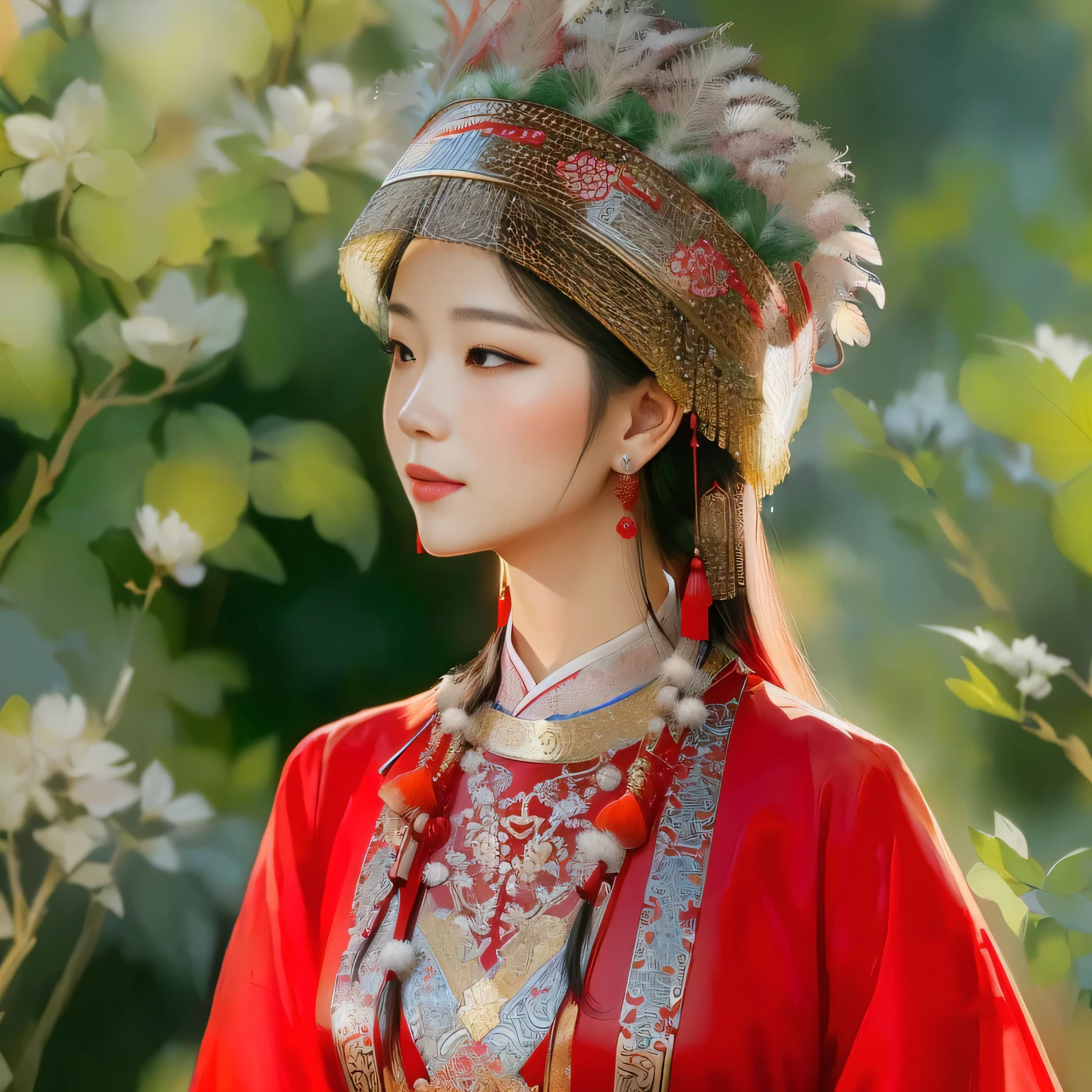 wearing red dress、Araf woman wearing feather hat, traditional Chinese, traditional Chinese clothing, Traditional Beauty, palace ， a girl in Hanfu, Traditionally tailored suits, Traditional clothing, Chinese, Chinese woman, Traditional Clothing, Hanfu, Inspired by Dai Xi, Traditional clothing, Chinese Girl, Traditional female hairstyle, Traditional clothing