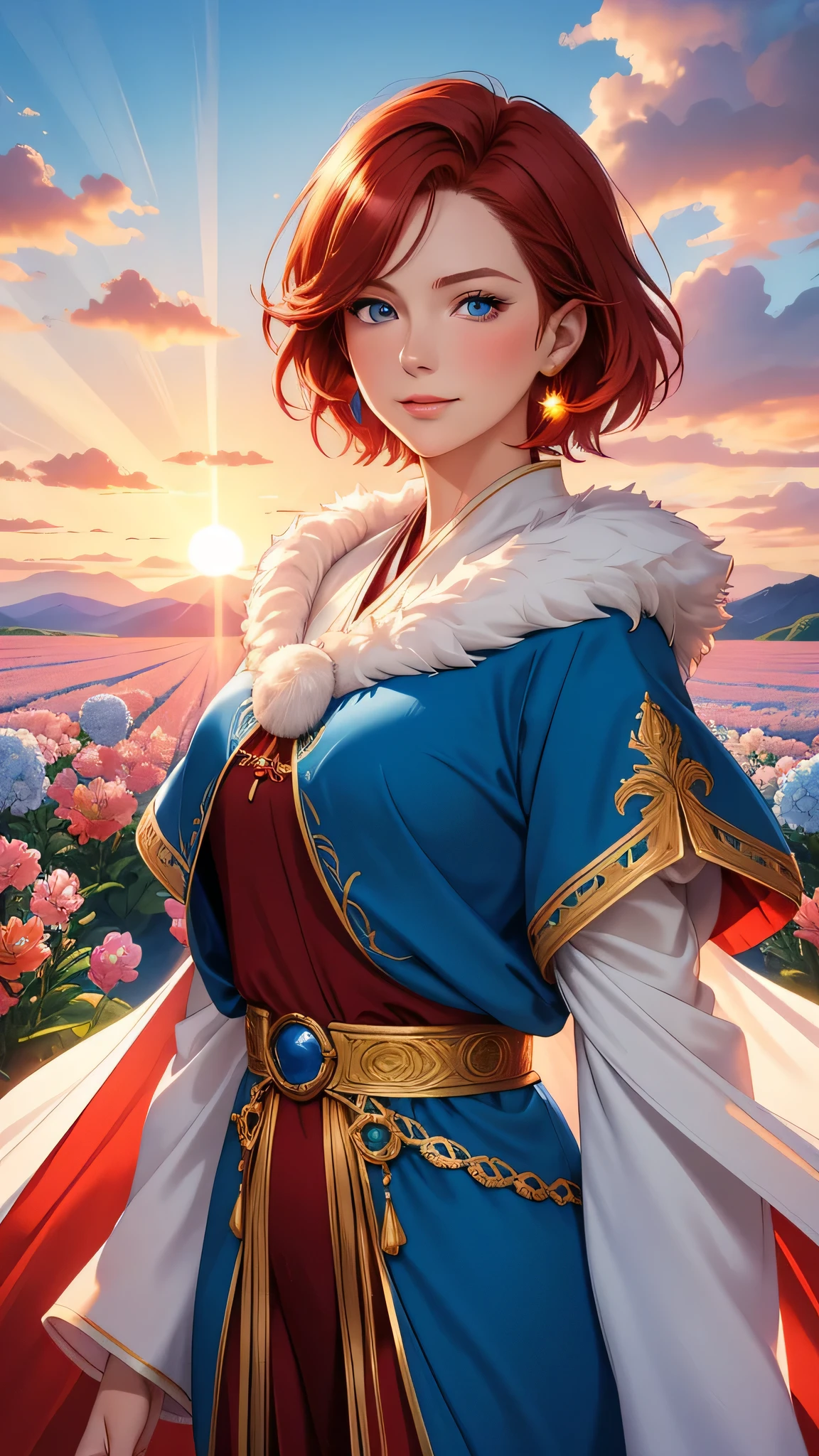 Best quality, 30 year old woman, short red hair, blue eyes, slight smile, upper body, blue mage robes, intricate details, fancy, gold,  fluffy clouds,  colourful flower field,  sunset, 