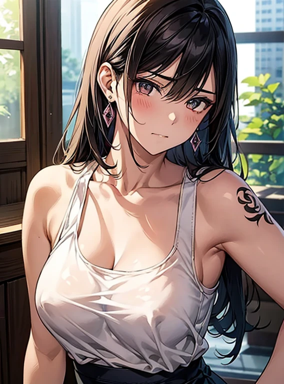 （Hands folded behind your back）、Beautiful breasts、Black Hair、Armpits are visible、Attractive breasts、Beautiful and attractive anime woman, Enchanting anime girl, Top rated on pixiv、Healthy Body、OK、（white）See-through tank top、Yakuza、（All over the body）Tattoo、（Large on the arm）Tattoo、I can see your underwear、Shaving、Slippery、big round earrings、Iris、beautiful girl、、Provocative、Underwear is biting into、The setting sun is shining through the window、Stay in the house、Quiet、Inconspicuous、Nipples、bedroom、Big Breasts、brown、semi-long