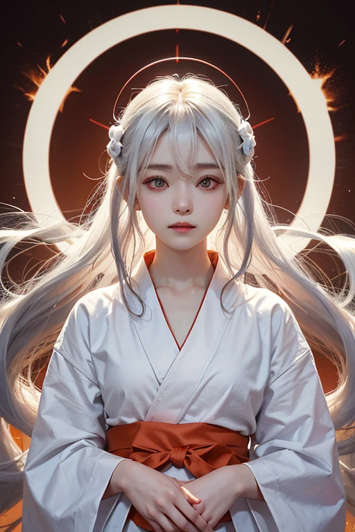temple、White yukata、White Hair、Long Hair、Wind、Wind吹、whole body、15 years old、woman、Hands are out in front、Evil Smiley Face, Dark Skin, Red eyes, Iris, Pupil orange