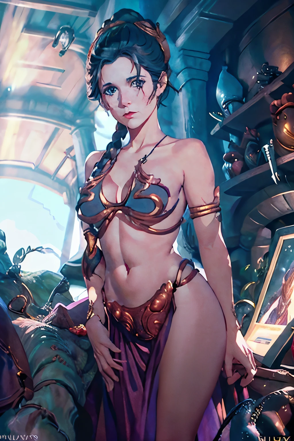 Princess Leia with bronze filigree on her bikini, Beautiful D&D Character Portrait, Dark Fantasy, Detailed, Realistic Face, Digital Portrait, Intricate Armor, Fiverr Dnd Character, Wlop, Stanley Artgerm Lau, Ilya Kuvshinov, Artstation, Hd, Octane Render, Hyperrealism, Digital Painting, Digital Illustration, Extreme Detail, Digital Art, 4k, Ultra Hd, Polished, Hyperdetailed, Intricate, Elaborate, Meticulous, Photorealistic, Hyperrealism, Baroque, Unreal Engine, Vray, Octane Render, Flemish Baroque, Neoclassicism, Rococo, Unreal Engine, 3d Rendered, Volumetric Lighting, Reflections, Glossy, Digital Illustration, Sensual Pose, Suggestive Pose, Lewd, Full Body Shot, naked, , vissible , puffy , anatomically correct 💖❤💕💋❣