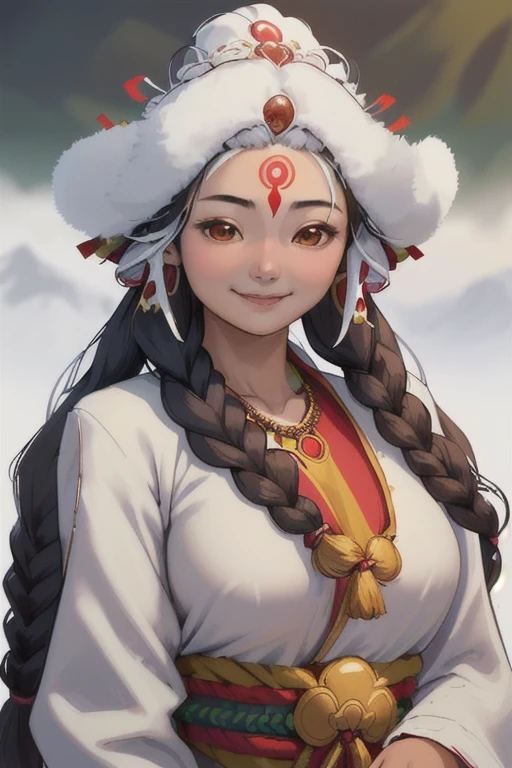 A girl, long braids, Tibetan girl, close-up, slightly raised head, smile, bust photo, upper body, appearance Yang transcendence, gorgeous Tibetan costume, cumbersome Tibetan necklace, cumbersome Tibetan headdress, fluff on clothes, white animal flull, real person CG, sweet style, film style, HD 4K