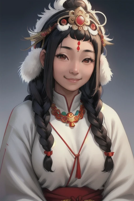 A girl, long braids, Tibetan girl, close-up, slightly raised head, smile, bust photo, upper body, appearance Yang transcendence, gorgeous Tibetan costume, cumbersome Tibetan necklace, cumbersome Tibetan headdress, fluff on clothes, white animal flull, real person CG, sweet style, film style, HD 4K