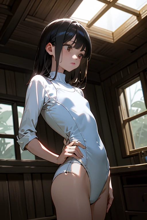 Inside an old wooden house with no windows、illuminated by candlelight、Handcuffed behind his back、I wore only a white school swimsuit、Bust 84cm、Waist 55cm、Hips 79cm、Black-haired、Red-eyed、beautiful girl in her late s、Small face、Perfect proportions、High resolution