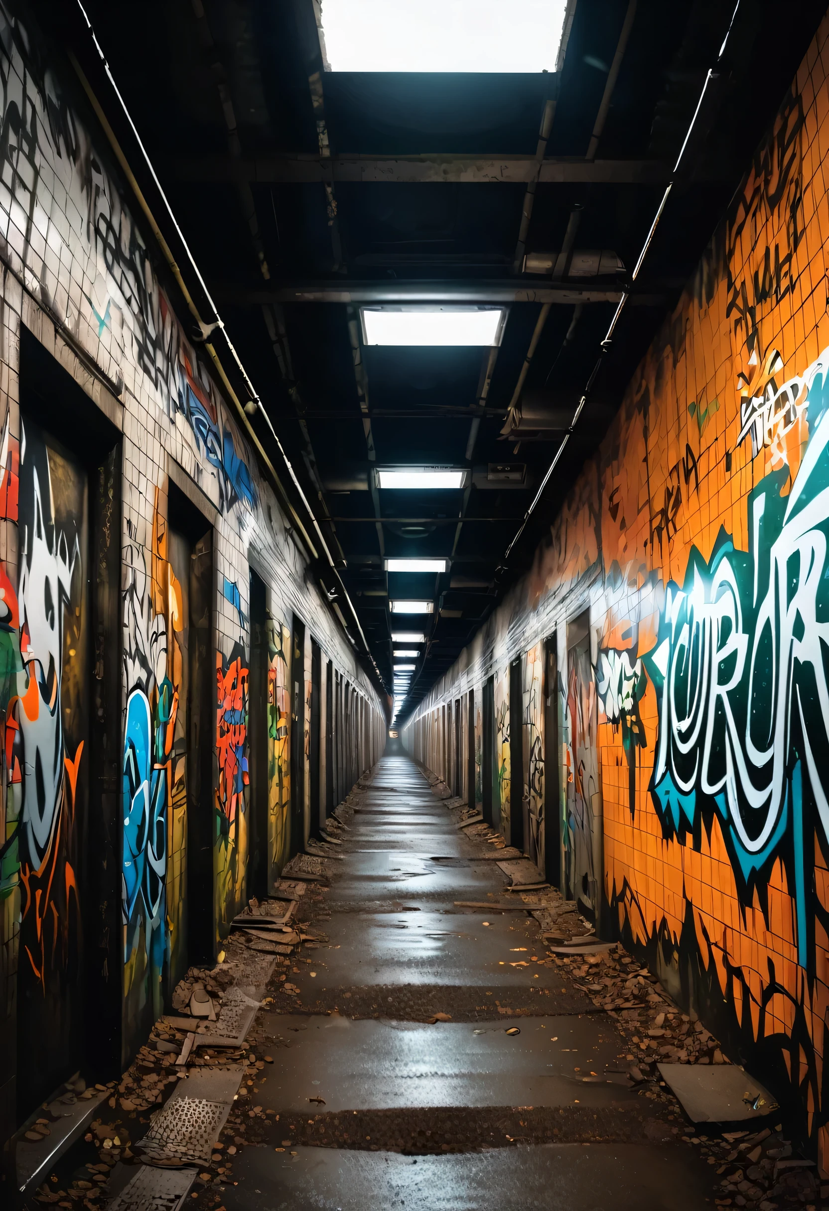 Gritty abandoned subway tunnels with realistic graffiti art in the style of a graphic novel, intense expressions on characters' faces, underground atmosphere, Canon EOS R8, wide angle lens