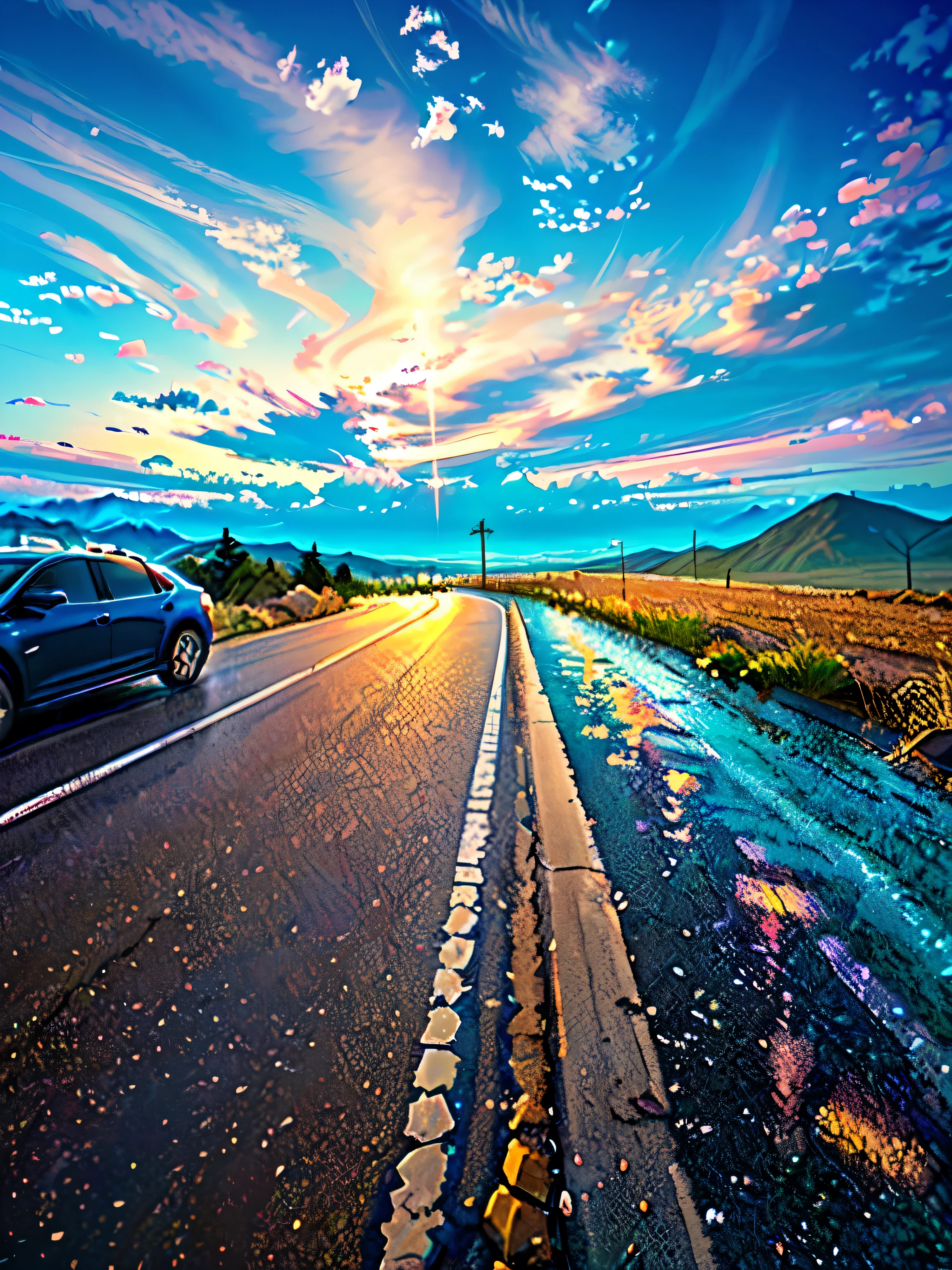 Anime Art,A blue car,The light source is behind the lens head,There is a light source on the back,there is a car driving down the road with a cow in the background, cars on the road, Cars on the highway, paved roads, on a road, hilly road, riding on the road, Cross the mountains, road trip exciting, road trip, standing bravely on the road, head, road between hills, Vehicle Photography, road, traveling long dirt road