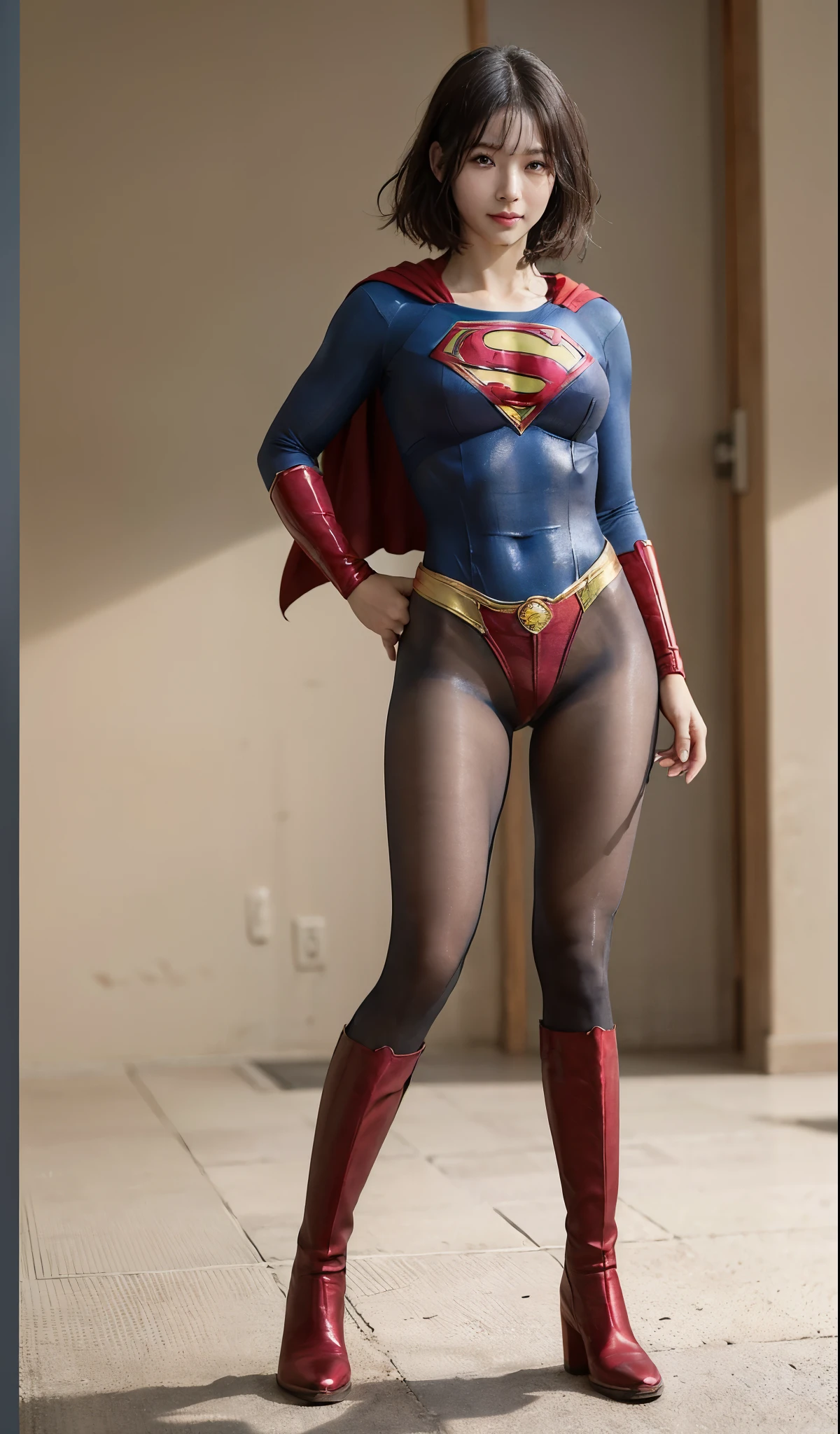 No background、(((Beautiful legs in black tights.)))、(((Legally express the beauty of your smile)))、((((Make the most of your original images)))、(((Supergirl Costume)))、(((Short beautiful hair)))、(((suffering)))、(((Please wear black tights....、Wear red boots)))、((Best image quality、8K))、((highest quality、8K、masterpiece:1.3))、(((Preserve background )))、Sharp focus:1.2、Beautiful woman with perfect figure:1.4、Thin abdominal muscles:1.2、Wet body:1.5、Highly detailed face and skin texture、8K