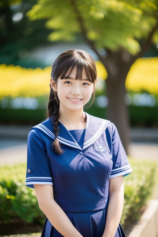 japanese school girl、A beautiful park with blue sky as a background、A happy smile and an idol-like face、semi-long、Smiling with teeth showing、Sailor suit、Tabletop, highest quality, 8k, Teen, alone,et, Gardenias, Delicate girl, Upper Body, Digital SLR, View your viewers, Frank, Sophisticated, Zola々right, Thin arms, Professional Lighting, Film Grain, chromatic aberration, (Eyes and facial details:1.0), (Bokeh:1.1)