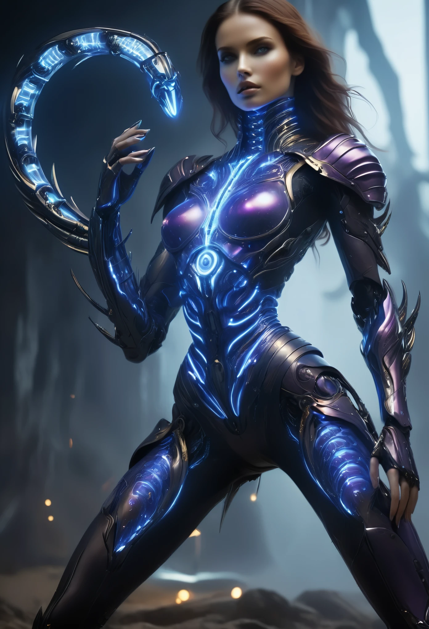 (Best Quality, 4K, 8K, High Definition, Masterpiece: 1.2), (Ultra Detailed, Realistic, Photorealistic: 1.37), a female android with a striking resemblance to a scorpion, designed to embody both elegance and lethality. Her sleek metallic frame gleams under the artificial light, every line and curve meticulously crafted to mimic the fluidity of a living organism while retaining an unmistakable mechanical precision. Both hands have become scorpion pincers.

Her humanoid form is adorned with intricate details reminiscent of a scorpion's exoskeleton. Dark, iridescent plating covers her body, reflecting subtle hues of blue and purple as she moves. Along her spine, a series of segmented plates mimic the rigid structure of a scorpion's tail, hinting at the deadly stinger that lies hidden within.

Her face is an enigma, simultaneously beautiful and unsettling. Smooth synthetic skin stretches taut over her features, giving her an appearance of ethereal beauty, yet her eyes betray a cold, calculated intelligence. They glow with an unnatural hue, shifting between shades of amber and crimson, like embers burning in the darkness.

Her hands, tipped with razor-sharp claws, are capable of both delicate precision and devastating force. Each digit moves with a fluidity that belies their mechanical nature, capable of striking with lightning speed when the need arises.

As she moves, her movements are sinuous and graceful, reminiscent of a predatory creature stalking its prey. Despite her mechanical nature, she exudes an aura of primal instinct, her every motion calculated for maximum efficiency and lethality.

In the world of science fiction, she is both a marvel of engineering and a formidable adversary, a reminder of the boundless possibilities of technology and the dangers that lie in its creation. (full body), beautiful