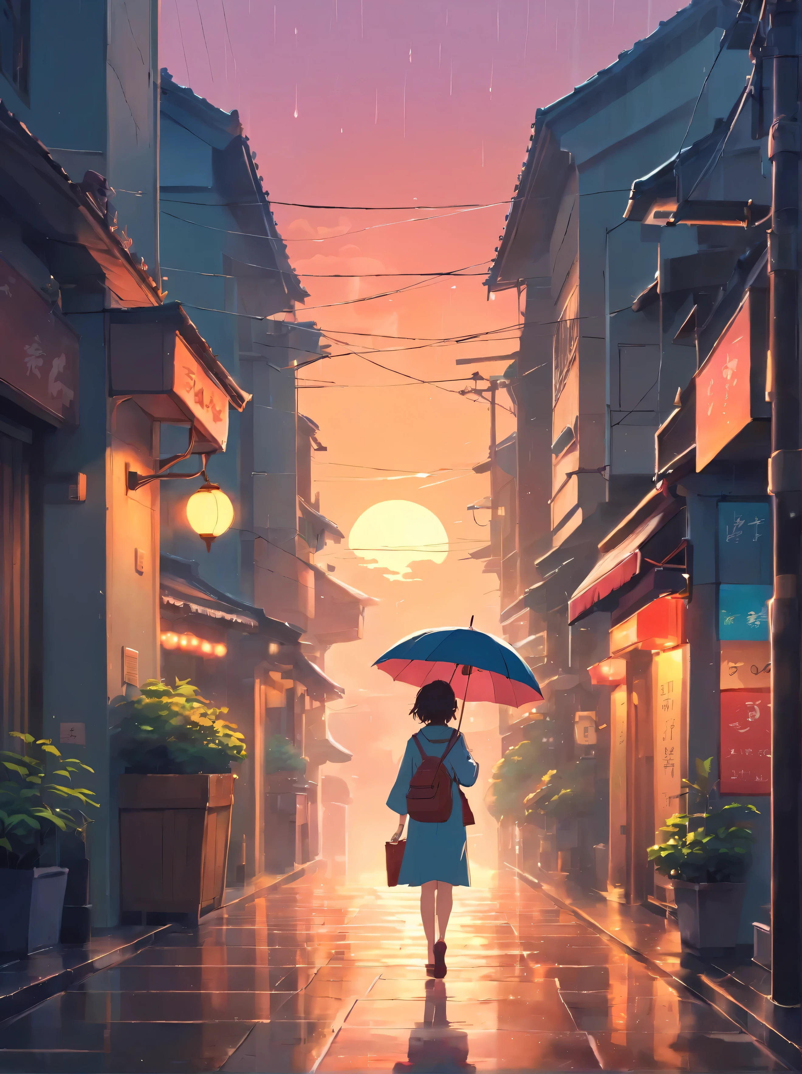 There is a young woman walking home with an umbrella, woman in her 20s, light rain, tokyo anime scene, style of alena aenami, calm sunset, beautiful anime scene, anime atmosphere, anime art wallpaper 4k, anime art wallpaper 8k