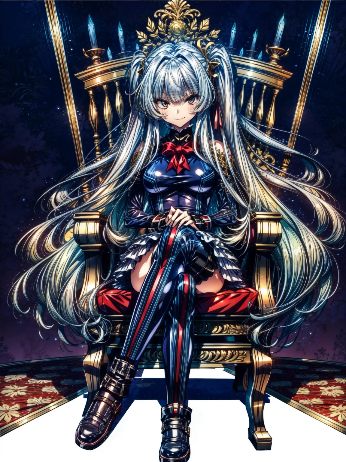 Perfect Anatomy, highest quality, marirose,look at me affectionately,Provocative attitude
,Wicked Smile,Anime Style,(Ruffled swimsuit, Knee socks, Removed sleeve), (Anime Style:1.4) ,
Silver Hair,(White fingers:1.1,Black gloves),Very long hair,Evil Aura,Rape Eye,Full Body View,sitting, crossing legs, throne, symmetrical, looking down, from bottom, looking at viewer,