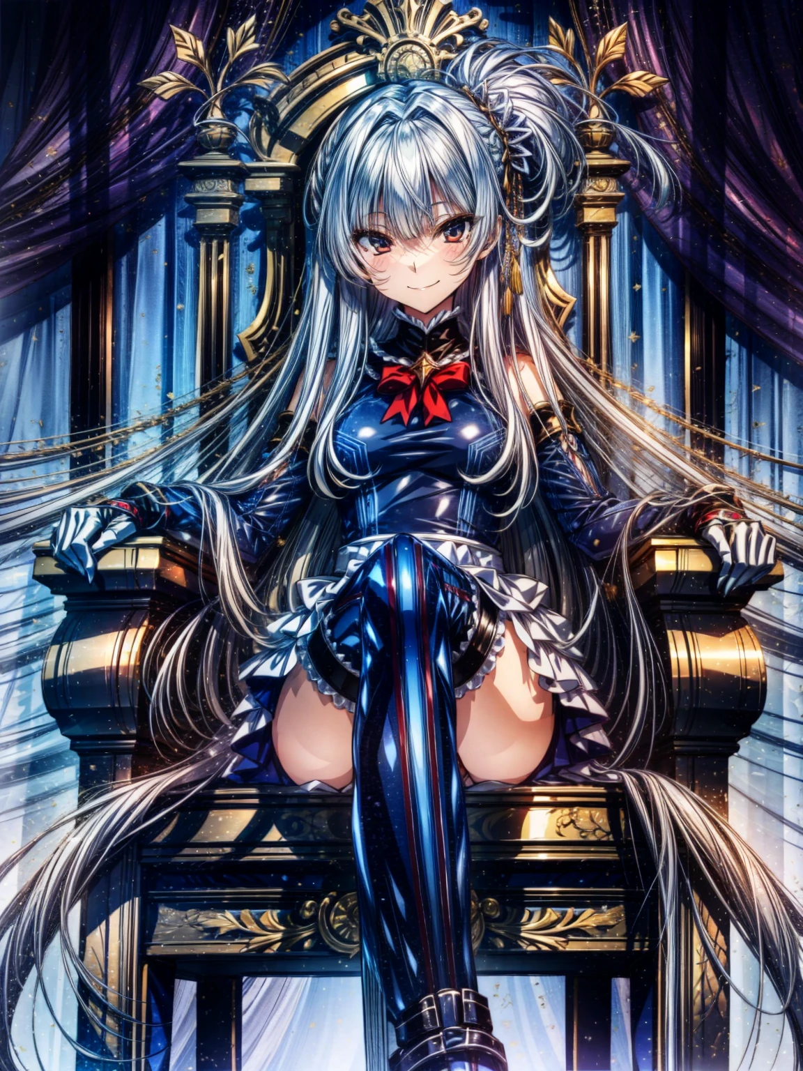 Perfect Anatomy, highest quality, marirose,look at me affectionately,Provocative attitude
,Wicked Smile,Anime Style,(Ruffled swimsuit, Knee socks, Removed sleeve), (Anime Style:1.4) ,
Silver Hair,(White fingers:1.1,Black gloves),Very long hair,Evil Aura,Rape Eye,Full Body View,sitting, crossing legs, throne, symmetrical, looking down, from bottom, looking at viewer,