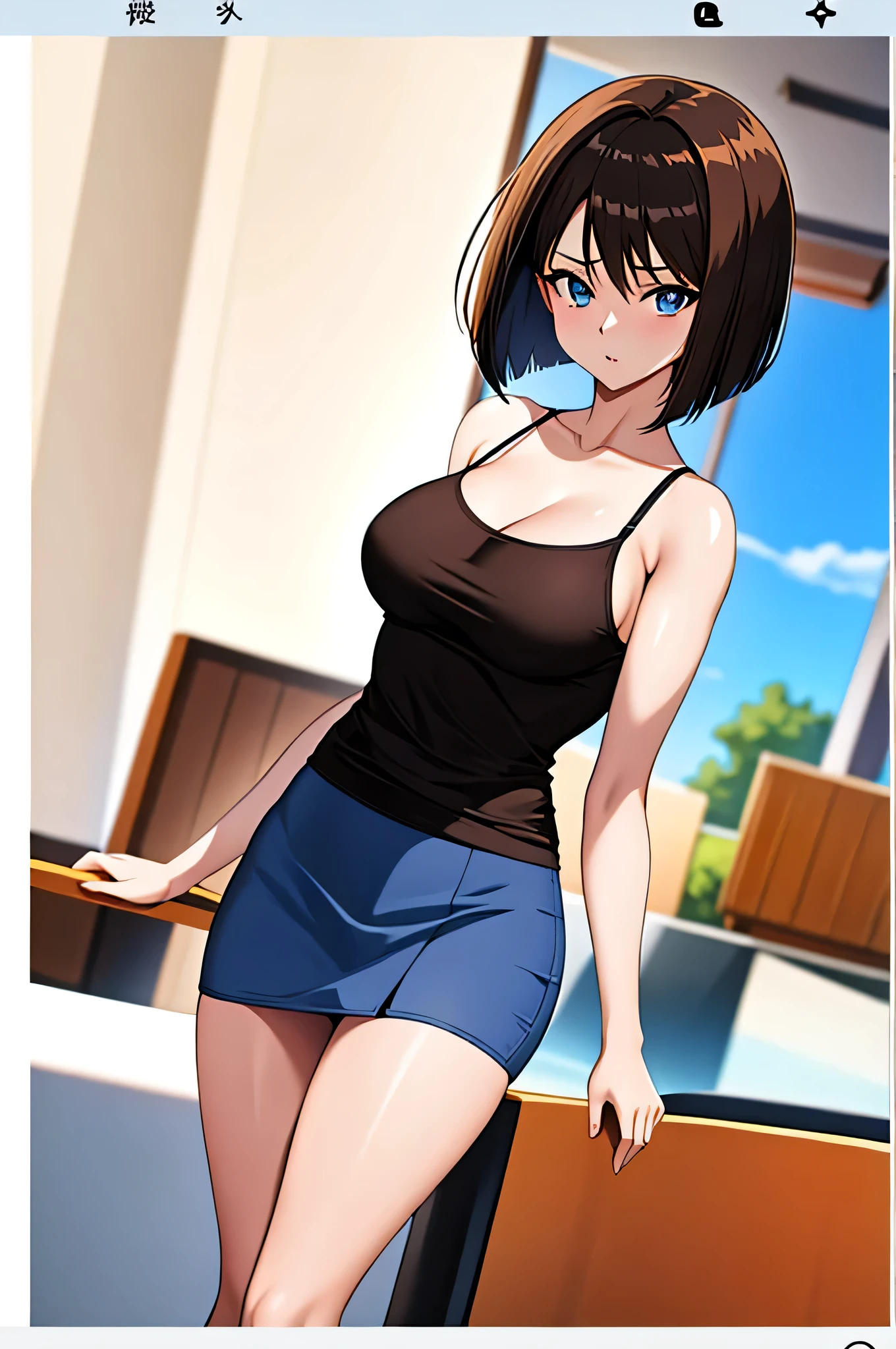 Close-up of a woman with short brown hair, blue eyed woman, Bobcut, classic women, Big Breasts, A woman with very large breasts, Made by Anime Artist Studio, , clothing:Black camisole, Women Romance, Anime Style, Muscular Woman, Feminine and muscular, Tall Woman, High school girls, Adult sex appeal, wore a tight skirt, Are standing, camisole with an black, Anime dick!!!!, Bare shoulders, Bare Arms, looking at viewer, Cowboy Shot,