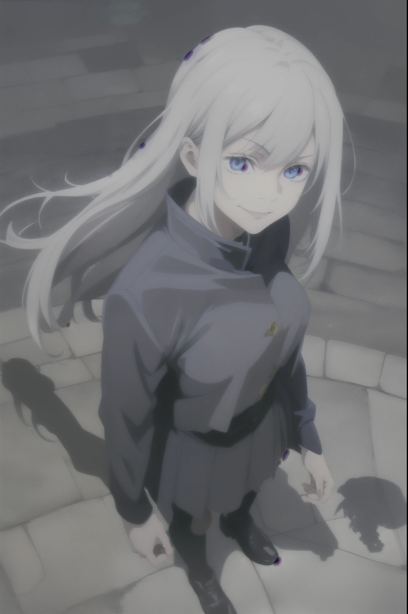 (masterpiece), (best quality), (ultra-detailed), (best illustration), (best shadow), (absurdres),  long hair, white hair, ((blue eyes)), , 1girl, solo, jacket, bangs, gakuran, smile, long sleeves, looking at viewer, upper body, 