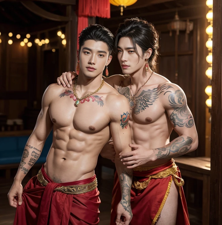 2 handsome boy tibetan kissig, touching lips, cuddle, grab the butts, romanctic, hug , naked, smiling, catching eyes , Chinese Men God, Mythology, realistic, Chinese odyssy, Who is Shi Yu?, Li Yuanbin, Kim Hyung Tae, Kim Hyung Tae, Yin Shishan, super Handsome,manly, kpop idol, handsome korean actor, 20 years old,, detailed face, manly jawline, manly chin, detailed mess curly styling hair, Topless, Muscles, big chest Athlete body, Full Frame,full body shoots, Sexy, realistic, human skin, tattoo breast, Professional studio Lighting, long red tibetan Outfit, jade and golden pendent all over , detailed jewery in dress, earings,Chinese ancient tibetan temple Background,out door, super detailed background,look at camera , open mouth, super sexy loincloth Underwear , big bulge, tibetan Warrior, Hanfu red wedding dress, tibetan Male, tibet Nobel, Seduce , bare chest , tattoo chest, tattoo arms, tattoo hands, tattoo back, tattoo legs , detailed buddism tattoos, big juicy butts, bare butts, long big dick masturbate,