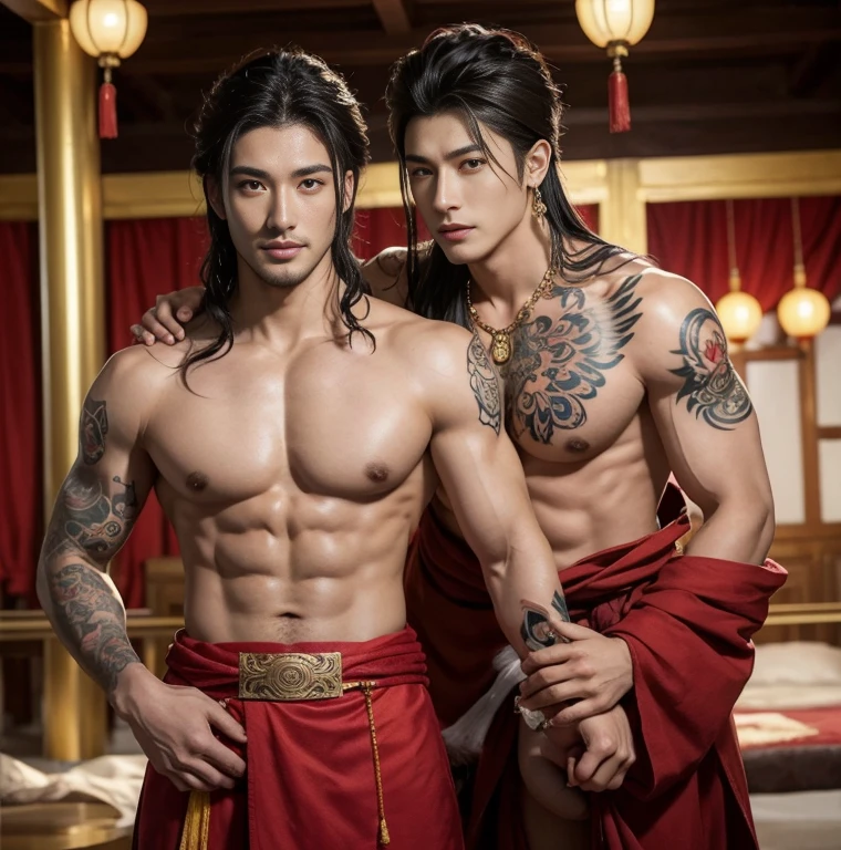 2 handsome boy tibetan kissig, touching lips, cuddle, grab the butts, romanctic, hug , naked, smiling, catching eyes , Chinese Men God, Mythology, realistic, Chinese odyssy, Who is Shi Yu?, Li Yuanbin, Kim Hyung Tae, Kim Hyung Tae, Yin Shishan, super Handsome,manly, kpop idol, handsome korean actor, 20 years old,, detailed face, manly jawline, manly chin, detailed mess curly styling hair, Topless, Muscles, big chest Athlete body, Full Frame,full body shoots, Sexy, realistic, human skin, tattoo breast, Professional studio Lighting, long red tibetan Outfit, jade and golden pendent all over , detailed jewery in dress, earings,Chinese ancient tibetan temple Background,out door, super detailed background,look at camera , open mouth, super sexy loincloth Underwear , big bulge, tibetan Warrior, Hanfu red wedding dress, tibetan Male, tibet Nobel, Seduce , bare chest , tattoo chest, tattoo arms, tattoo hands, tattoo back, tattoo legs , detailed buddism tattoos, big juicy butts, bare butts, long big dick masturbate,