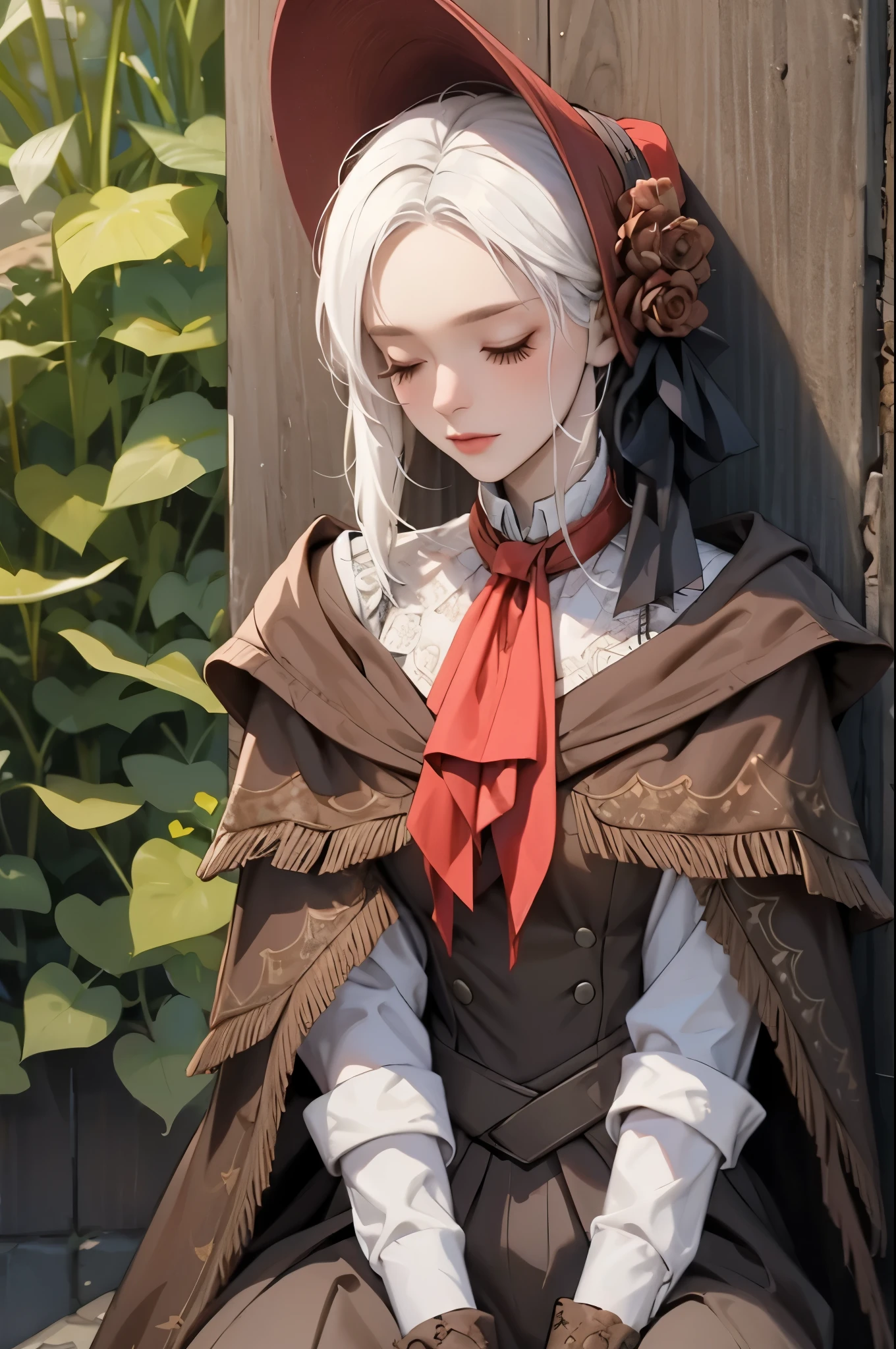 plaindoll, white hair, pale skin, white eyelashes, sitting, closed eyes, sleeping, closed mouth, bags under eyes, white eyelash, doll joints, bonnet, red ascot, brown cloak, brown dress, long dress, gloves, rock wall, muted color, 1girl, solo, (masterpiece:1.6, best quality),
