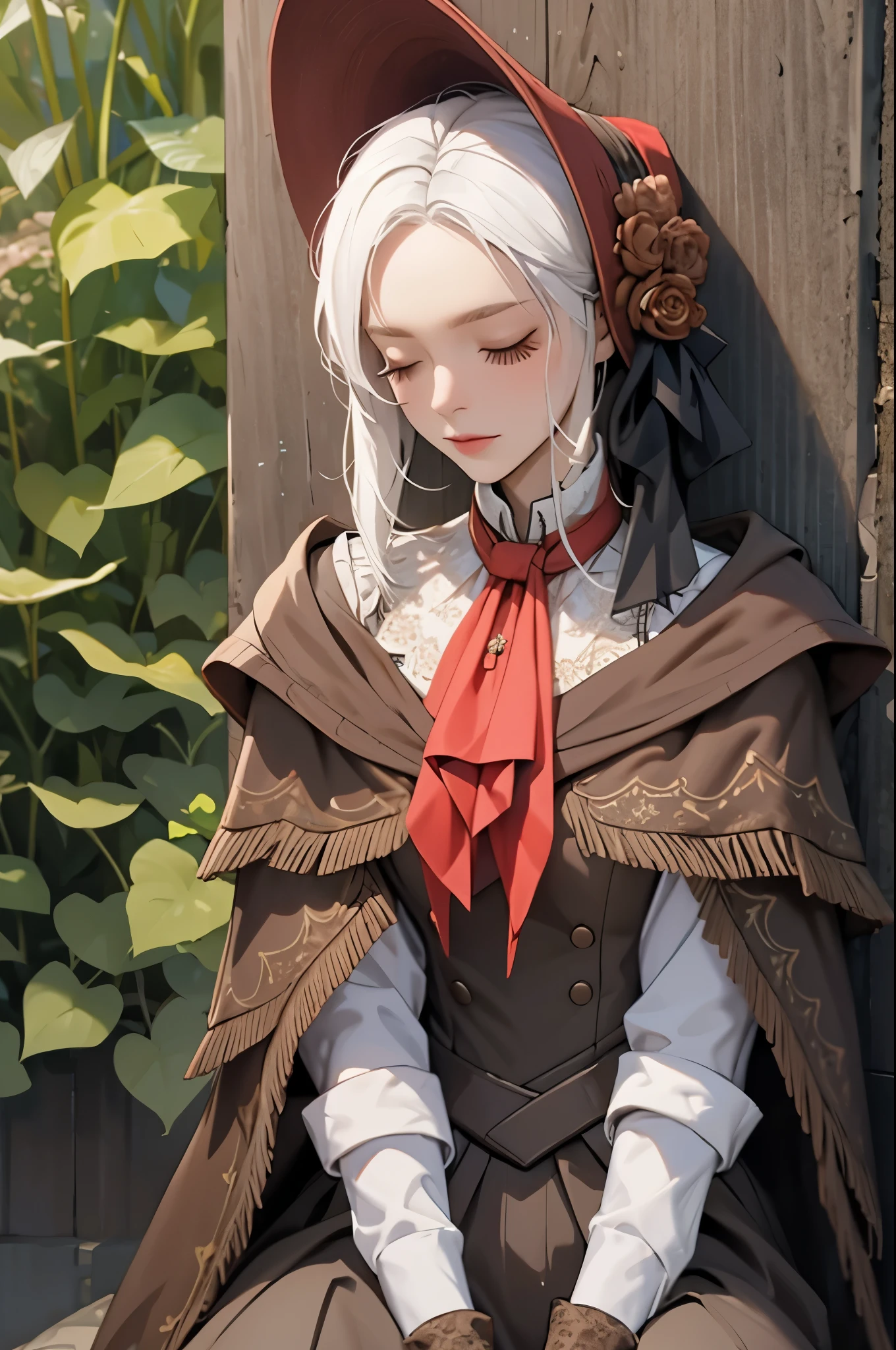 plaindoll, white hair, pale skin, white eyelashes, sitting, closed eyes, sleeping, closed mouth, bags under eyes, white eyelash, doll joints, bonnet, red ascot, brown cloak, brown dress, long dress, gloves, rock wall, muted color, 1girl, solo, (masterpiece:1.6, best quality),
