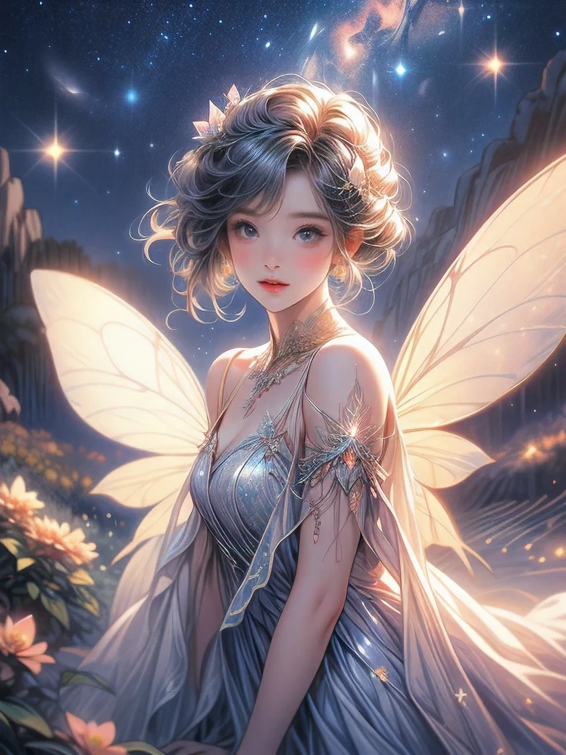 masterpiece:1.2, 8k, highres, ultra-detailed,  (beautiful cute girl), (fairy ornament), (fairy dress), (fairy wings:1.2), ((many fairy)), ((many flowers)), ((starry night landscape)), (beautiful world), (fantasy world), gently smile, sparkling eyes, shining lips, Soaring pose, sparkling Milky Way, soft touch illustration